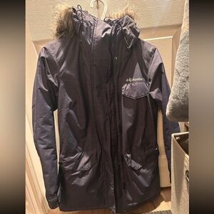 Columbia Dark Blue Jacket with Faux Fur Trim